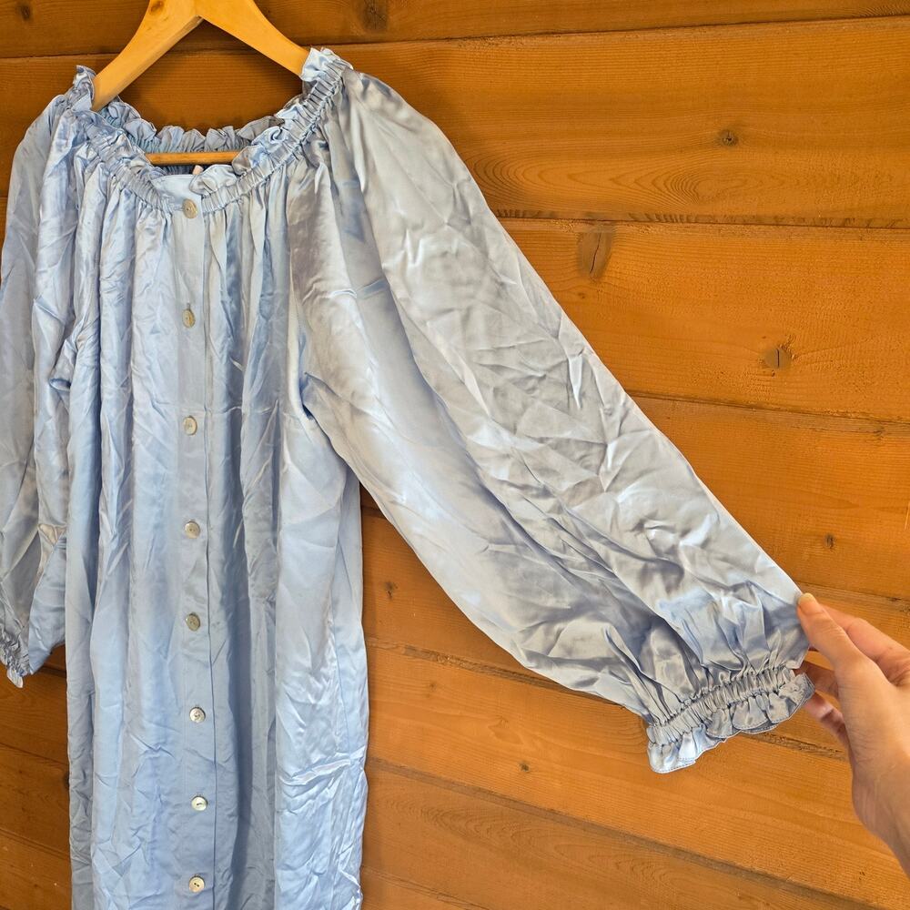 Sleeper Maria Blue Silk Loungewear Dress NWOT Button Down Oversized Ruffle Chic - Picture 3 of 9
